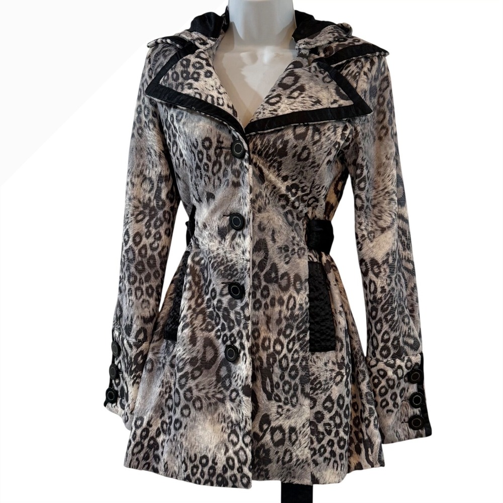 Y2K BKE Gray Leopard Hooded Trench Coat 2000s Glam Mob Wife Rocker Vintage  S